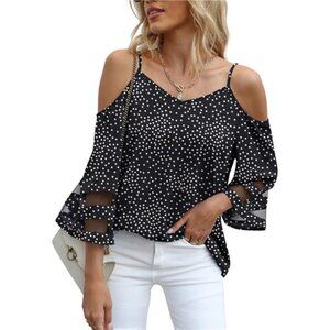 Polka Dot Print Mesh Panel 3/4 Bell Sleeve Off Shoulder Relaxed Loose Top Blouse